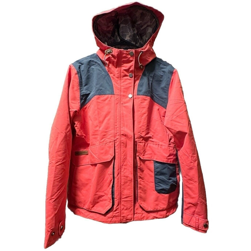 Columbia Womens Hooded Colorblock Hiking Jacket Coral Red Navy Blue Size L